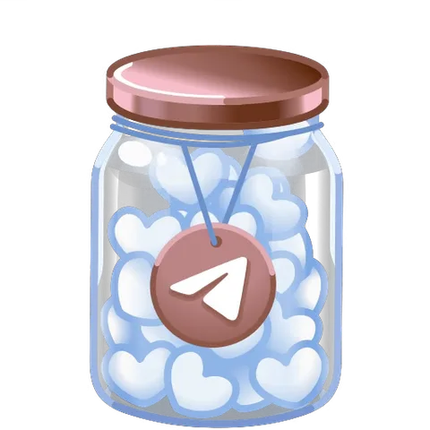 Стеклянная банка с белыми сердцами и брелоком Telegram, из которой вылетает сердце.