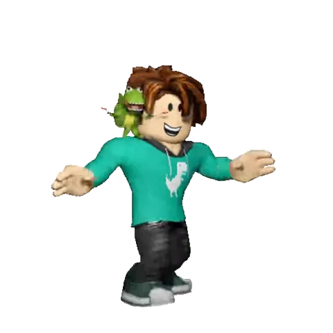 Анимированный стикер: персонаж игры Roblox с коричневыми волосами и зелёным динозавром на плече выполняет танцевальные движения на прозрачном фоне.