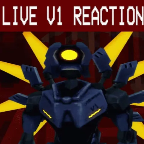 Тёмно-синий робот с одним жёлтым светящимся глазом и надписью LIVE V1 REACTION на красном фоне с жёлтыми лучами.