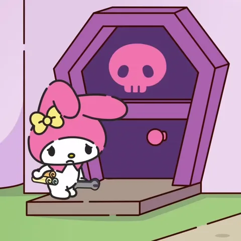 Анимация с персонажами Sanrio: Мелоди чинит дверь в виде гроба, из которой выходит Курами.