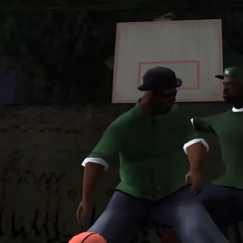 Анимация из игры GTA San Andreas: персонаж Каджи играет в баскетбол на уличной площадке, ведёт мяч и бросает его в кольцо.