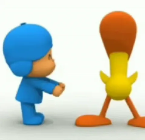 Анимация из мультфильма Pocoyo: персонажи Pocoyo и Pato танцуют на белом фоне.