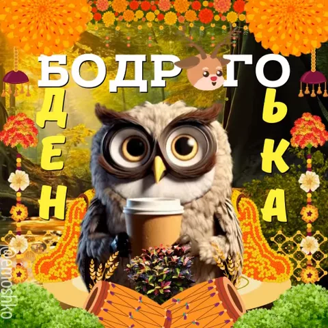 Анимированная открытка с совой, держащей кофе, и текстом «БОДРОГО ДЕНЬКА» на осеннем фоне.