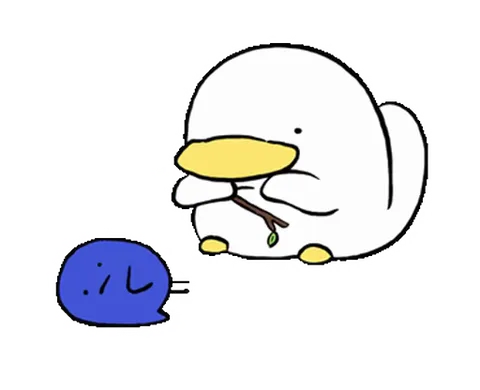 Белая утка протягивает веточку с листочком синему слизню, который лежит на земле.