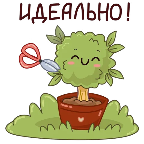 Стикер с улыбающимся кустом в горшке, который стригут ножницы, надпись «Идеально!»