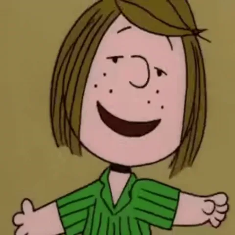 Анимация девочки в стиле комикса «Peanuts», которая улыбается и тянет руки вперёд для объятия.