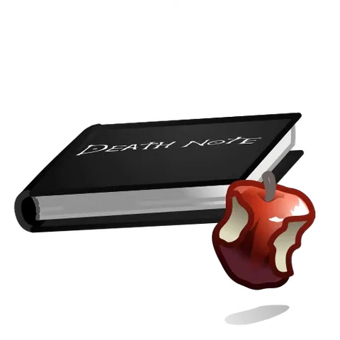Черная книга с надписью DEATH NOTE открывается, перо пишет имя на страницах, затем книга закрывается рядом с надкушенным яблоком.