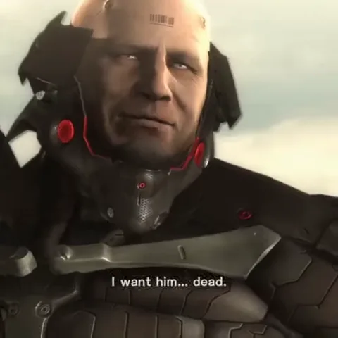 Анимация киборга Хьюго Мадера из Metal Gear Rising, который говорит "I want him dead" и "Nothing personal".