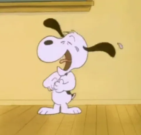 Анимация с персонажем Снупи из Peanuts, который смеется и смешно двигается.