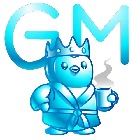 Синий пингвин в короне и халате пьет из кружки, над ним надпись GM