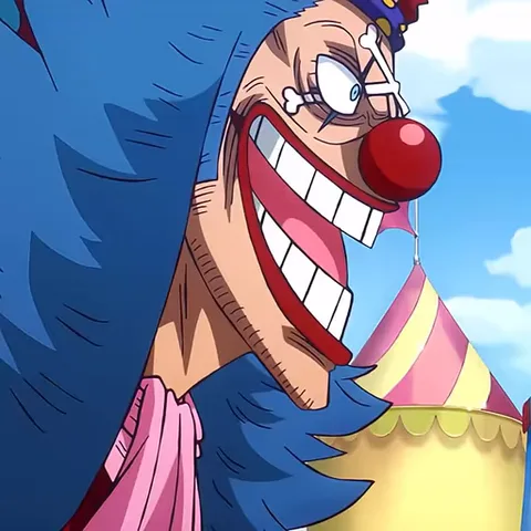 Анимация из One Piece, где персонаж Багги демонстрирует свою способность разделять тело на летающие части.