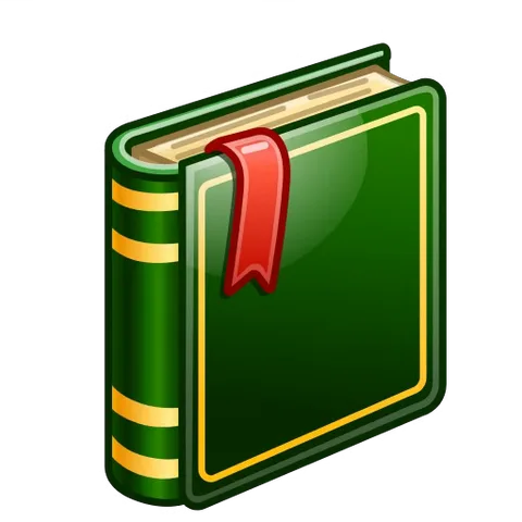 Зелёная книга с золотыми полосами на корешке и красной закладкой; она открывается и светится волшебными искрами.