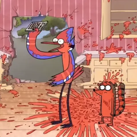 Анимация из мультсериала «Гравити Фолз» (Regular Show): персонажи Мордекай и Ригби находятся в сильно испорченном помещении. Мордекай удивлённо смотрит на клавиатуру, а Ригби празднует хаос вокруг.