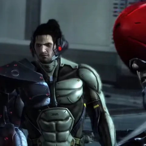 Анимация персонажа из видеоигры Metal Gear Rising: Revengeance. Киборг с черными волосами в белом высокотехнологичном костюме идет вперед и скрещивает руки.