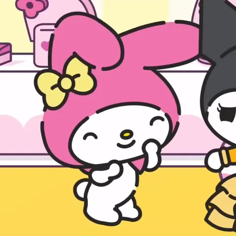 Анимация с персонажами My Melody и Kuromi из Sanrio, которые весело танцуют на желтом фоне.