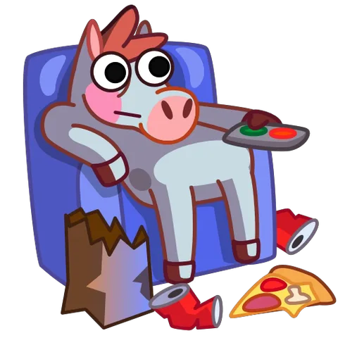 Мультяшная лошадь в кресле с пультом и тарелкой, рядом кусок пиццы и пустые банки.