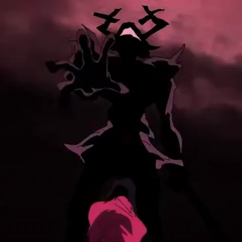 Силуэт Рыцаря из Deltarune с рогами и в броне, поднимающий руку, из которой исходит красный магический круг, и издающий рев.