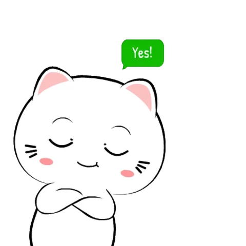 Анимация белого кота, который уверенно соглашается, показывая текст «Yes!» в зелёном облачке.