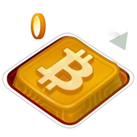 Анимация золотой клавиши с логотипом Bitcoin, вращающейся среди летящих монет и линии графика.