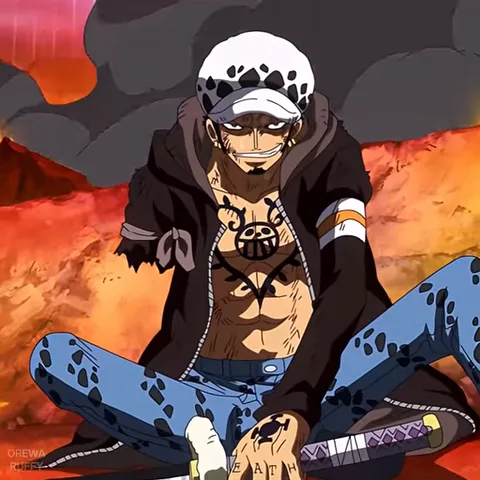 Трафальга Ло из аниме One Piece сидит на земле перед огнем и улыбается.