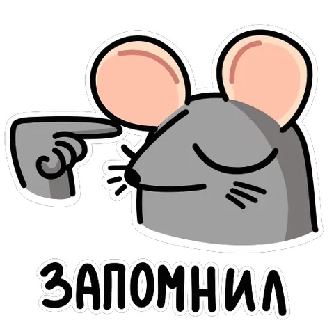 Анимированный серый персонаж крысы с большими ушами тычет пальцем в голову, текст «ЗАПОМНИЛ» внизу.