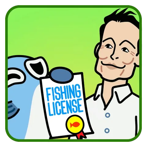 Анимация из набора TON FISH: синяя рыбка и улыбающийся человек держат бумагу с надписью Fishing License.