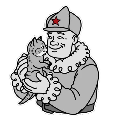 Анимированный стикер: солдат в военной форме с будёновкой обнимает серого котёнка на прозрачном фоне.