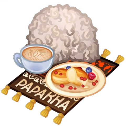 Тарелка с двумя сырниками, украшенными малиной и черникой, стоит на коричневом коврике с надписью ПАПАХНА. Рядом находится чашка капучино с латте-артом. Сзади видна большая серая папаха.
