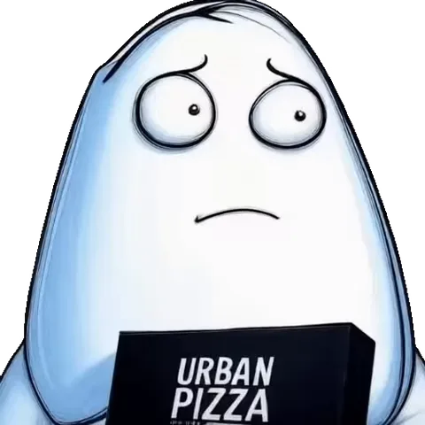Анимированный белый персонаж с печальным лицом держит коробку пиццы Urban Pizza.