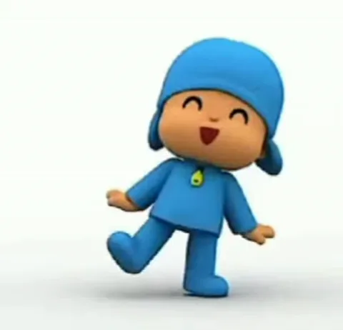 Анимация персонажа Pocoyo, который улыбается и танцует на белом фоне.