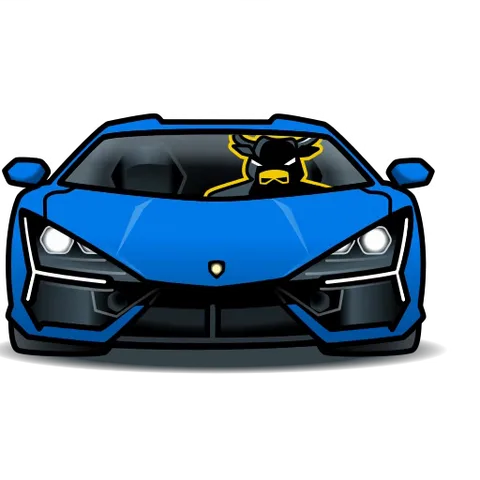 Синий спортивный автомобиль с быком-водителем и всплывающим значком подтверждения.