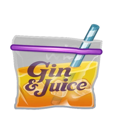 Анимированный стикер: прозрачный зип-пакет с соком и трубкой, надпись Gin & Juice, покачивание.