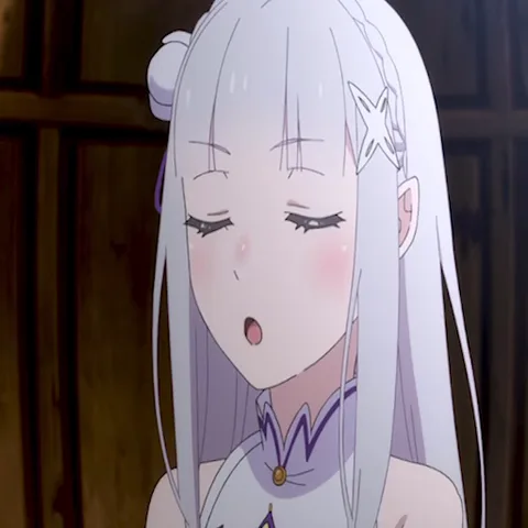 Аниме-персонаж Эмилия из Re:Zero делает жест «тишина» или задумывается, прижав палец к губам.
