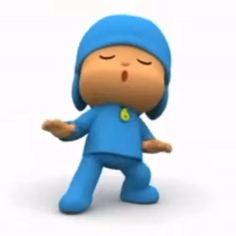 3D-персонаж Pocoyo в синей одежде закрывает глаза и открывает рот, совершая плавные движения руками в такт танцу.