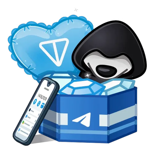 Анимация с черным пингвином в коробке с бриллиантами и телефоном Telegram на прозрачном фоне.