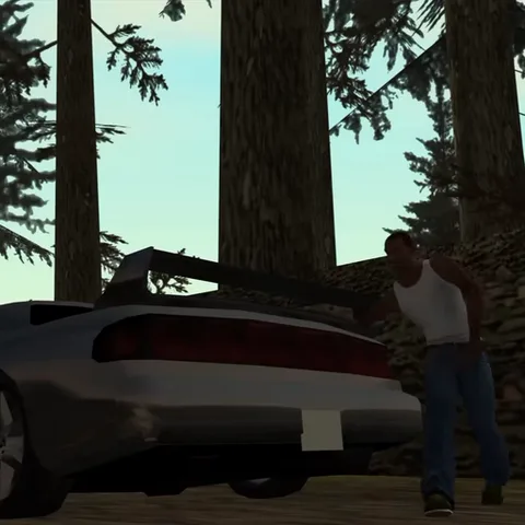 Анимация из игры GTA San Andreas, где главный герой Каджи танцует рядом с машиной в лесу, сопровождая движения криком «Oooh, yeah!».
