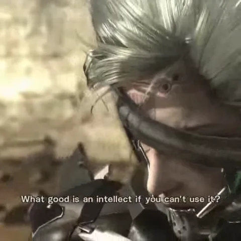 Анимация с персонажем из Metal Gear Rising: Revengeance. Киборг с белыми волосами и повязкой на глазах произносит субтитрами фразу на английском языке.
