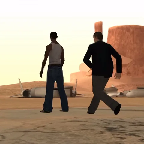 Анимация из игры GTA San Andreas, где персонаж в белой майке делает удушающий захват парню в черной куртке на фоне пустыни с обломками самолета.