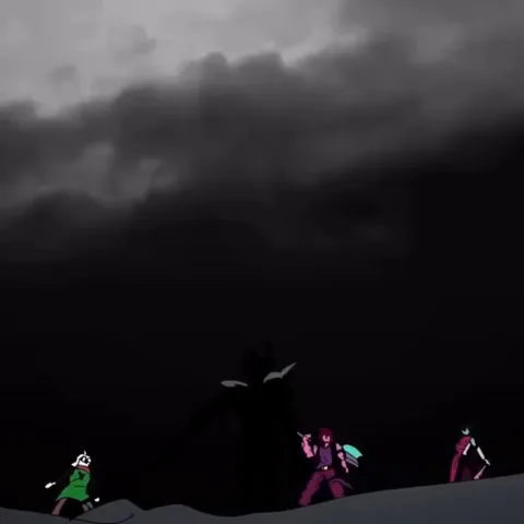 Анимация в стиле Deltarune: гигантский чёрный силуэт с рогами появляется перед тремя маленькими фигурками на фоне серых камней и туч.