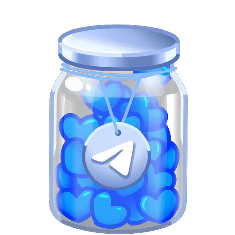 Анимированная стикер-банка с синими сердцами и эмблемой Telegram, крышка которой открывается и выпускает наружу одно маленькое сердце.