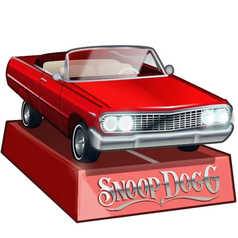Красный автомобиль лоурайдер с надписью Snoop Dogg выполняет прыжки на гидравлической подвеске.