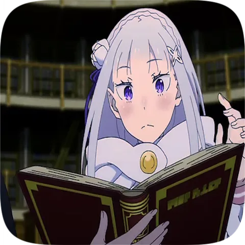 Аниме персонаж Эмилия из Re:Zero читает книгу и реагирует удивлением.