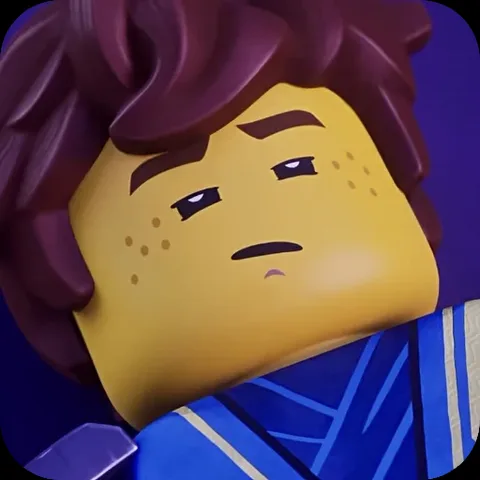 Анимация с лицом LEGO-ниндзя Джея, который смотрит исподлобья и вяло моргает на фиолетовом фоне.