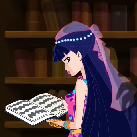 Анимация персонажа Мусы из Winx Club: она держит открытую книгу, смотрит на страницы, а потом удивленно вскидывает руки.