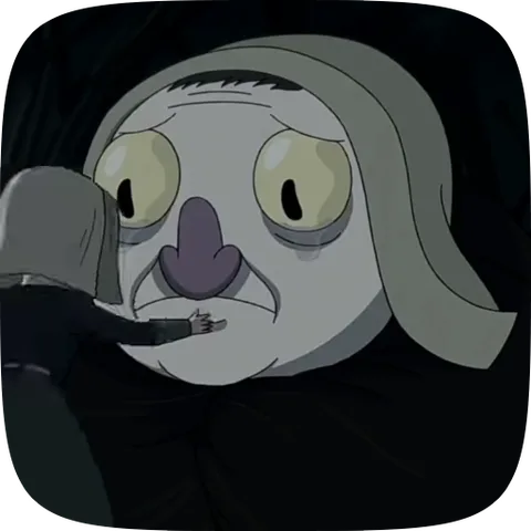 Анимация маленького существа в сером плаще, обнимающего большое бледное лицо с большими глазами и фиолетовым носом, которое выглядит ошарашенным.