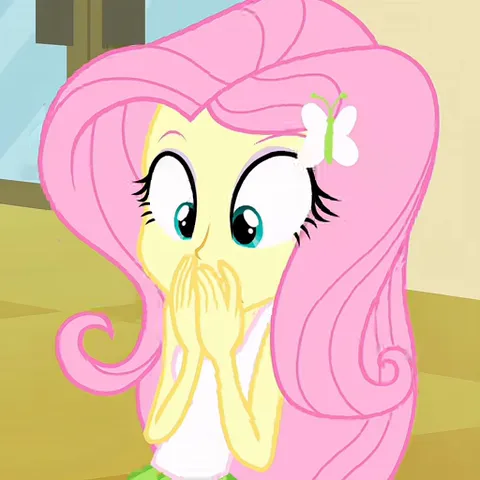 Анимация персонажа Флаттершай из My Little Pony: Equestria Girls. Она выглядит удивленной или смущенной, прикрывая рот ладонями, а затем отворачивается.