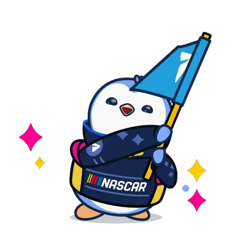 Анимированный стикер с пингвином в куртке NASCAR, который машет флагом с логотипом Telegram.