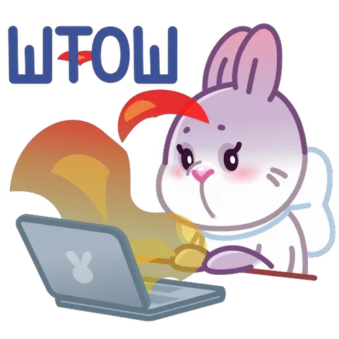 Зайка работает за ноутбуком, на экране надпись «WTOW», на фоне пламя.