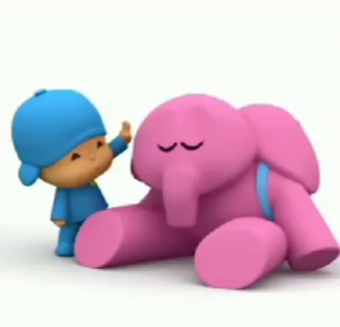 Анимация из мультфильма Pocoyo: мальчик гладит спящего розового слона.