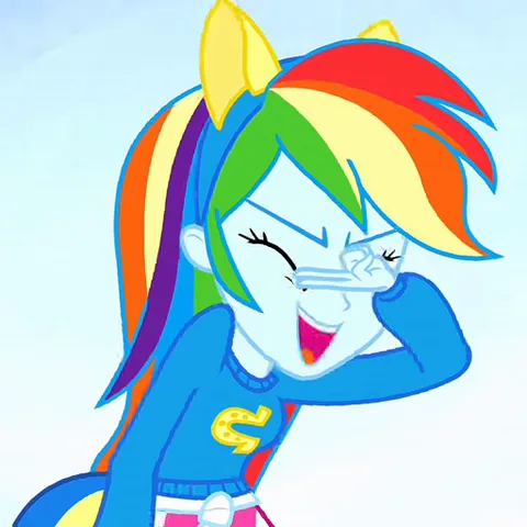 Анимация персонажа Радуги Дэш из My Little Pony: Equestria Girls. Она улыбается, подмигивает и делает жест «Виктория» рукой.